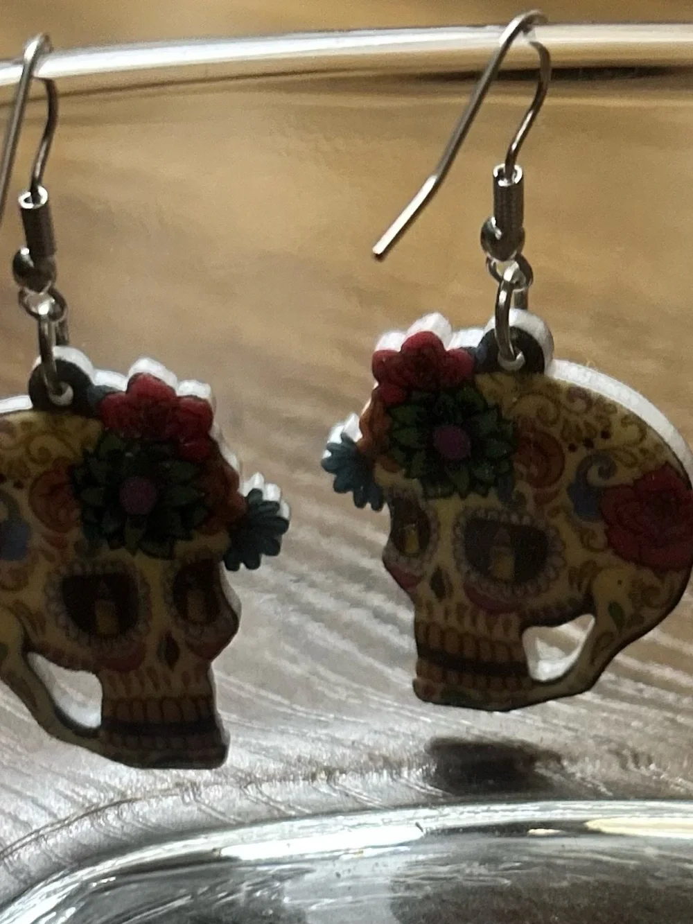 Day of the Dead Floral Skull Dangle Earrings - Multicolor